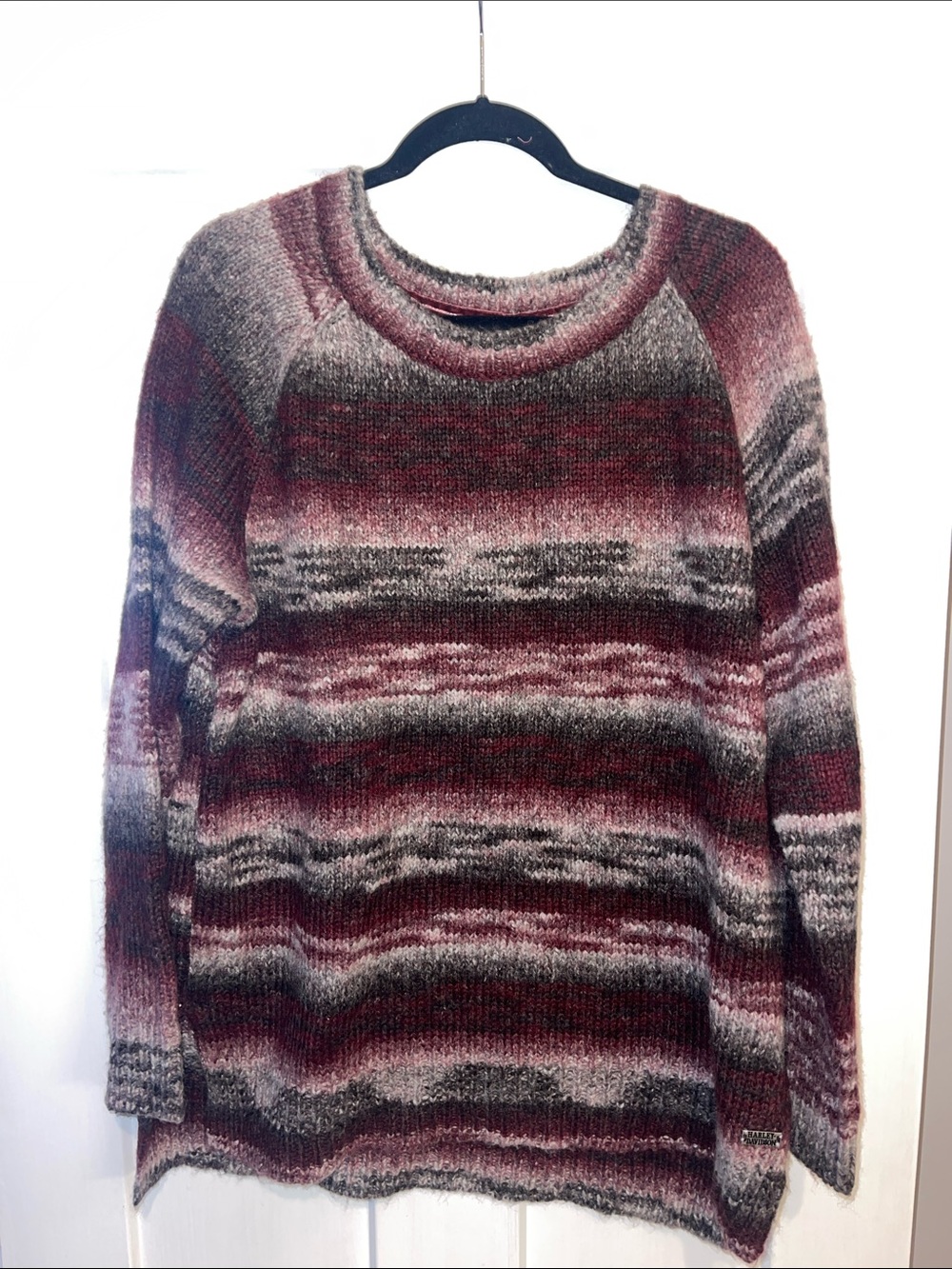 Harley-Davidson Marled Burgundy, Gray & Cream Striped Crewneck Sweater